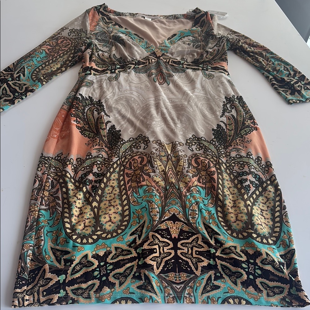 Boston Proper Green Brown Long Sleeve V-Neck Sundress